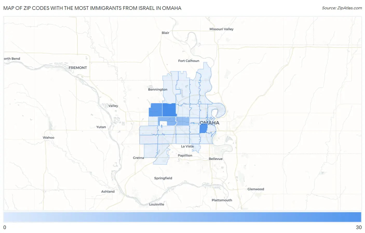 Zip Codes with the Most Immigrants from Israel in Omaha Map