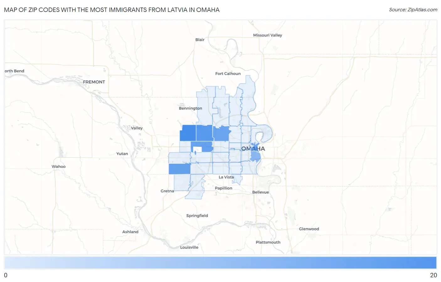 Zip Codes with the Most Immigrants from Latvia in Omaha Map
