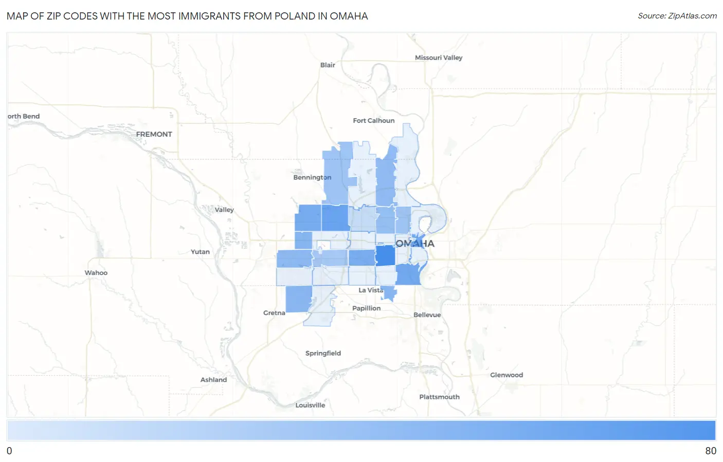 Zip Codes with the Most Immigrants from Poland in Omaha Map