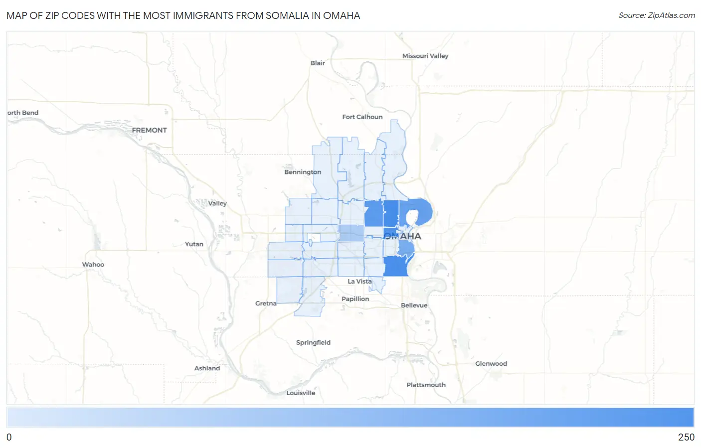 Zip Codes with the Most Immigrants from Somalia in Omaha Map