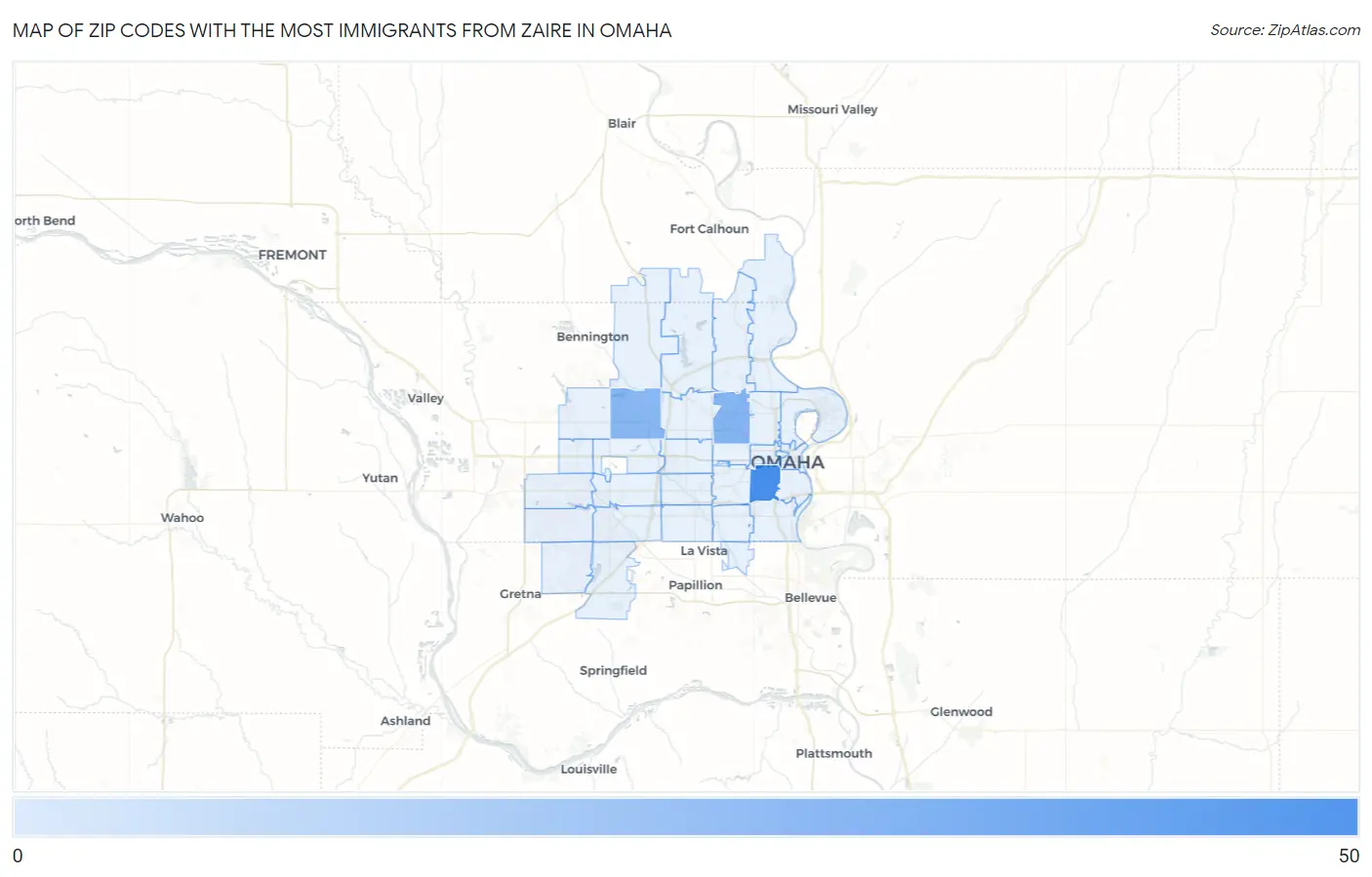Zip Codes with the Most Immigrants from Zaire in Omaha Map