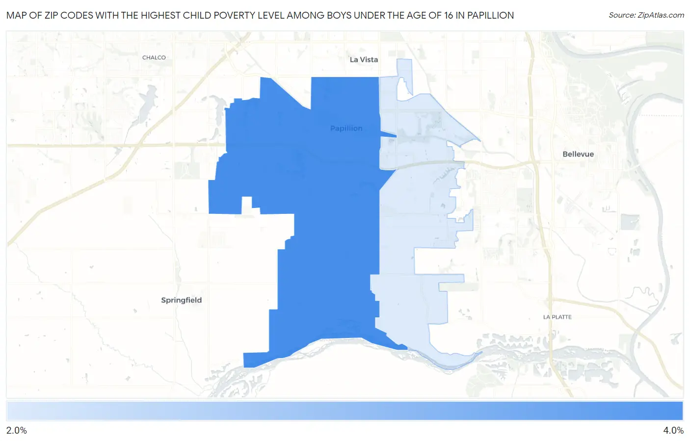 Zip Codes with the Highest Child Poverty Level Among Boys Under the Age of 16 in Papillion Map