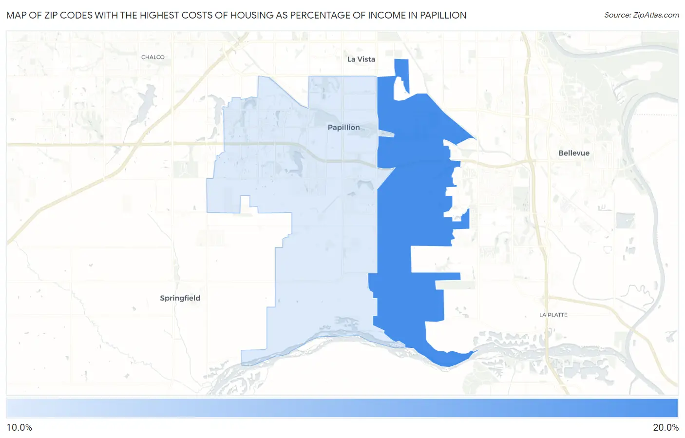 Zip Codes with the Highest Costs of Housing as Percentage of Income in Papillion Map