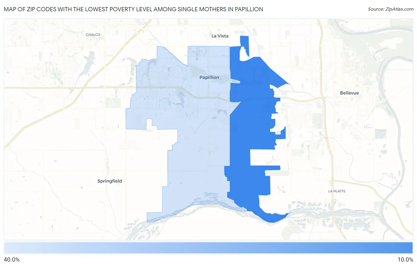 Zip Codes with the Lowest Poverty Level Among Single Mothers in Papillion Map
