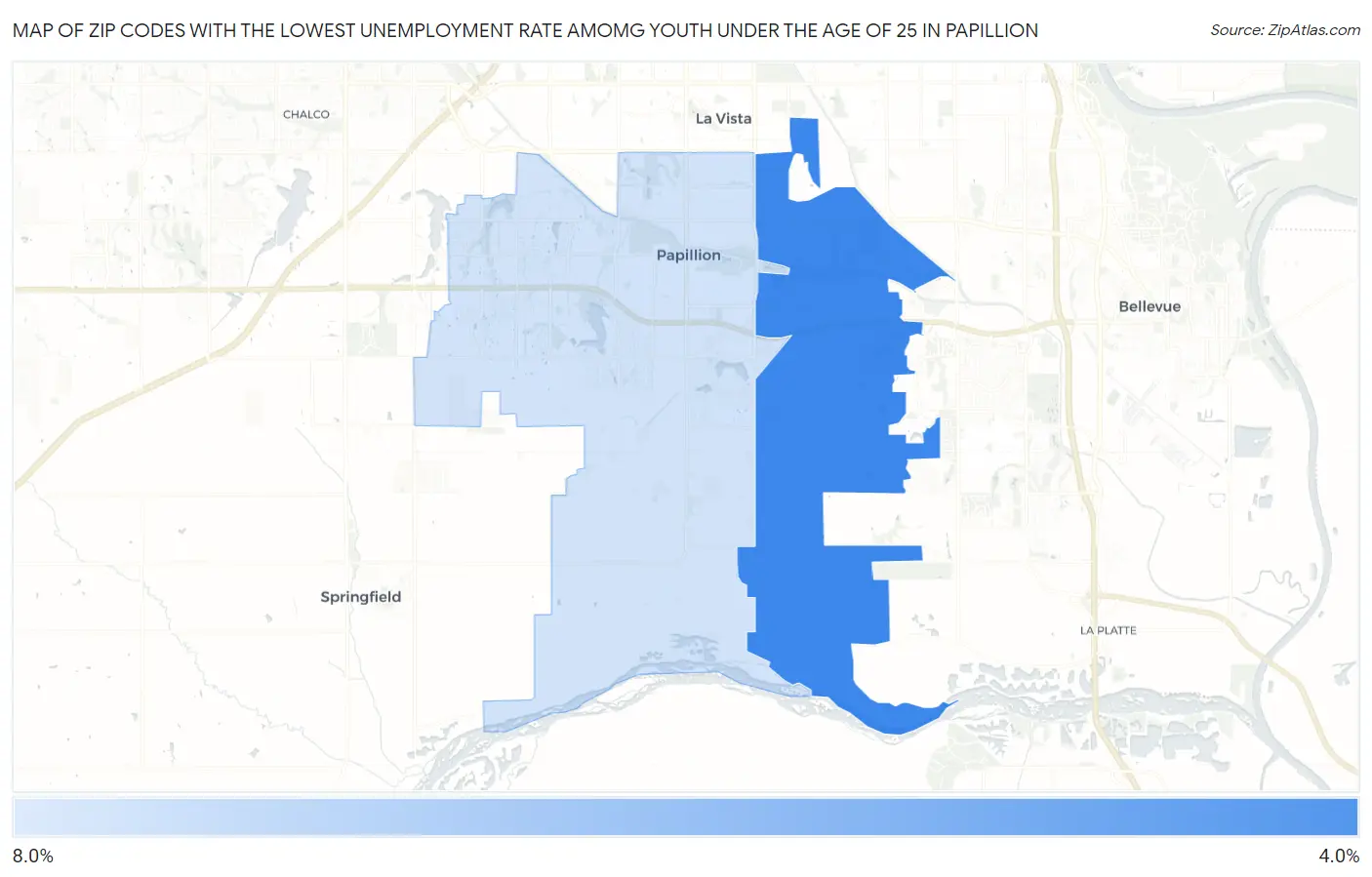 Zip Codes with the Lowest Unemployment Rate Amomg Youth Under the Age of 25 in Papillion Map