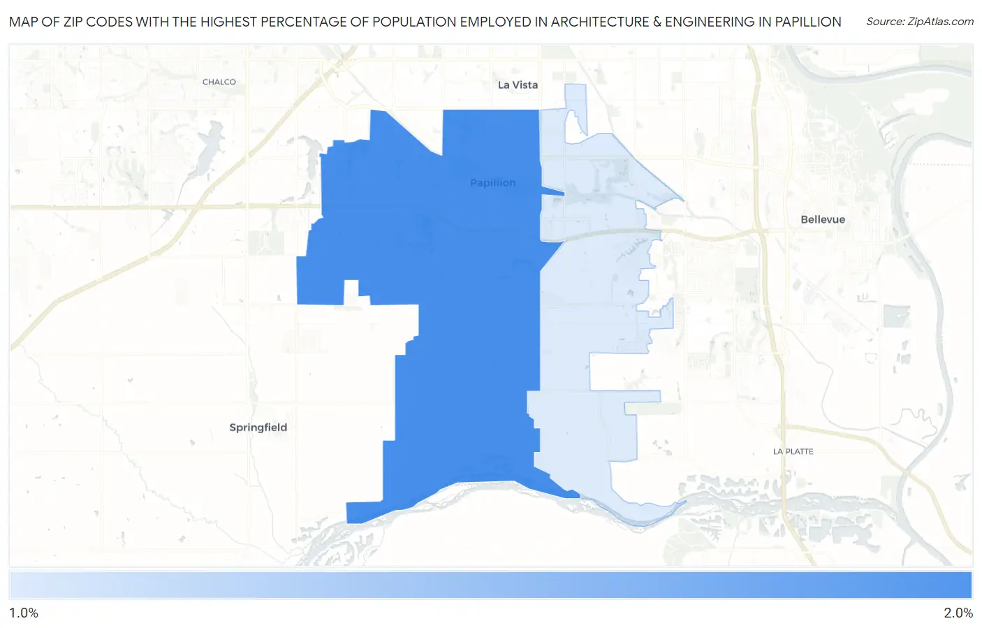 Zip Codes with the Highest Percentage of Population Employed in Architecture & Engineering in Papillion Map