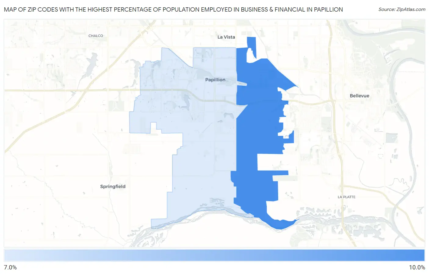 Zip Codes with the Highest Percentage of Population Employed in Business & Financial in Papillion Map