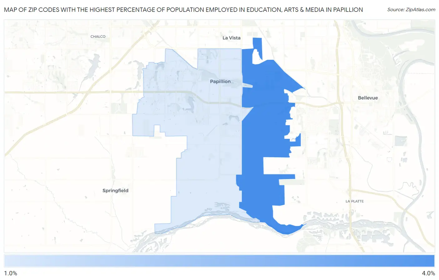Zip Codes with the Highest Percentage of Population Employed in Education, Arts & Media in Papillion Map