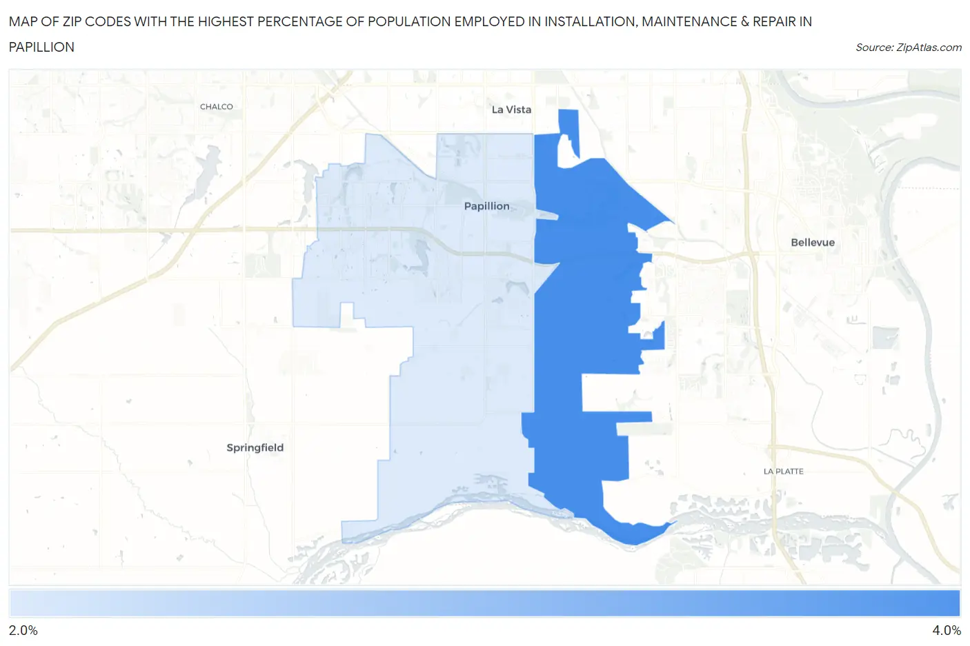 Zip Codes with the Highest Percentage of Population Employed in Installation, Maintenance & Repair in Papillion Map