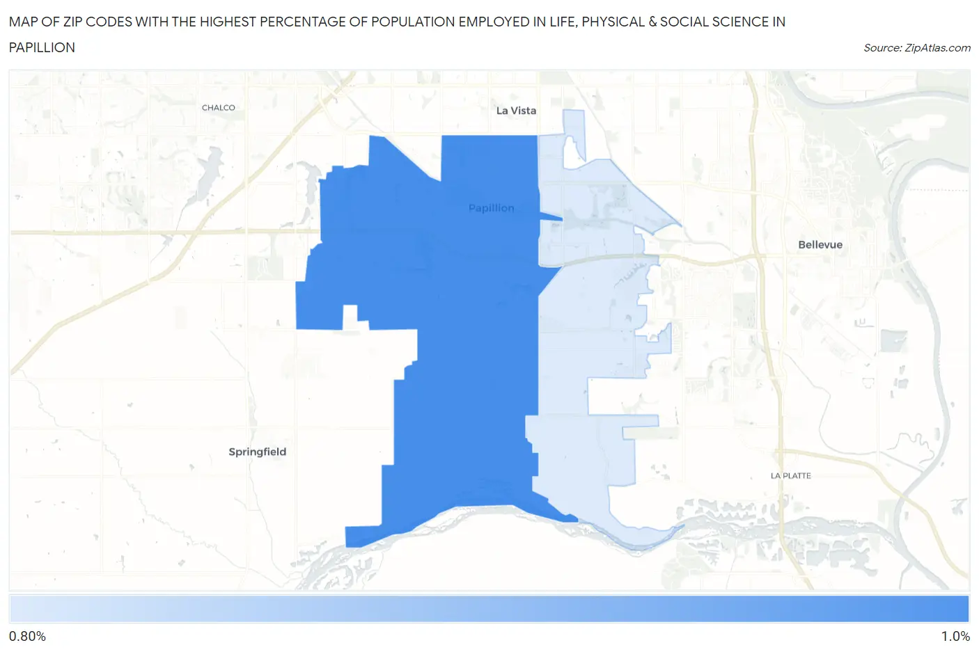 Zip Codes with the Highest Percentage of Population Employed in Life, Physical & Social Science in Papillion Map