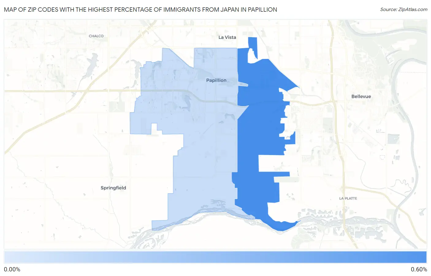 Zip Codes with the Highest Percentage of Immigrants from Japan in Papillion Map