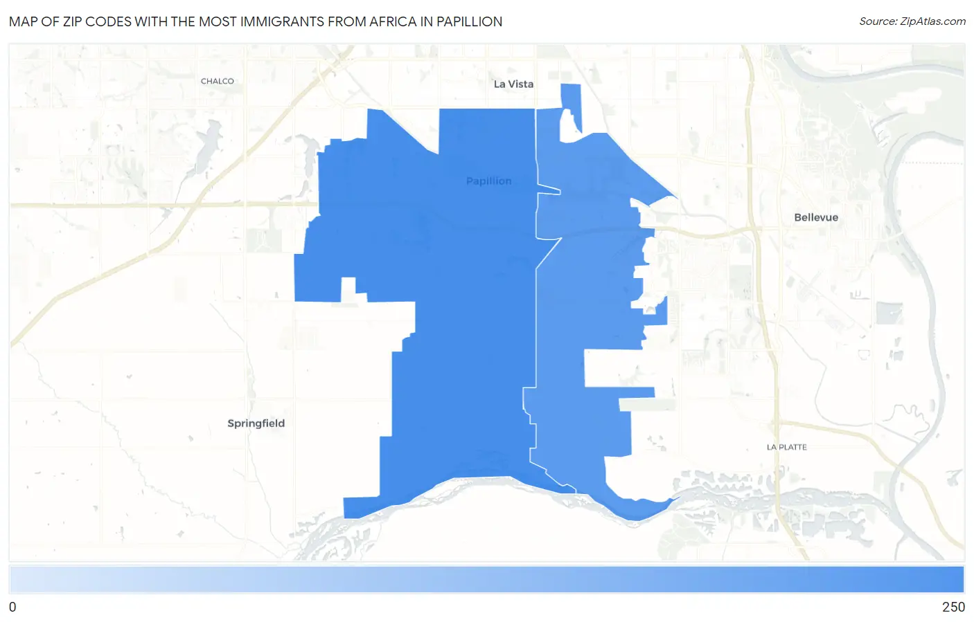 Zip Codes with the Most Immigrants from Africa in Papillion Map
