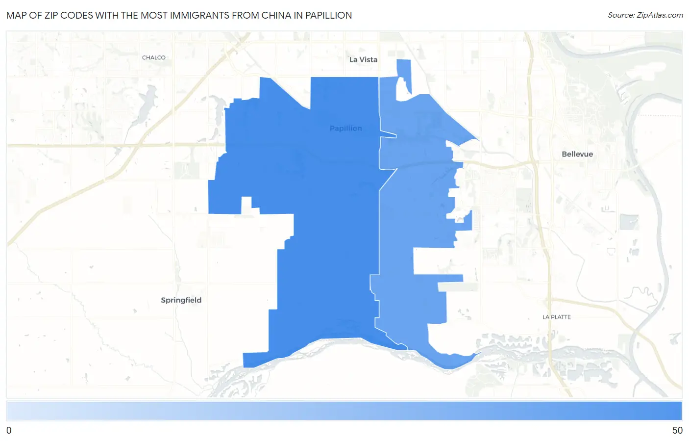 Zip Codes with the Most Immigrants from China in Papillion Map