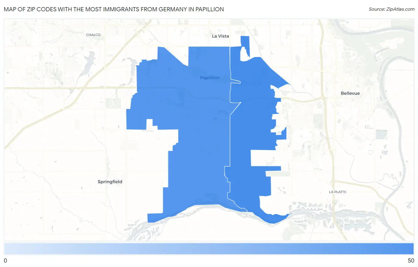 Zip Codes with the Most Immigrants from Germany in Papillion Map