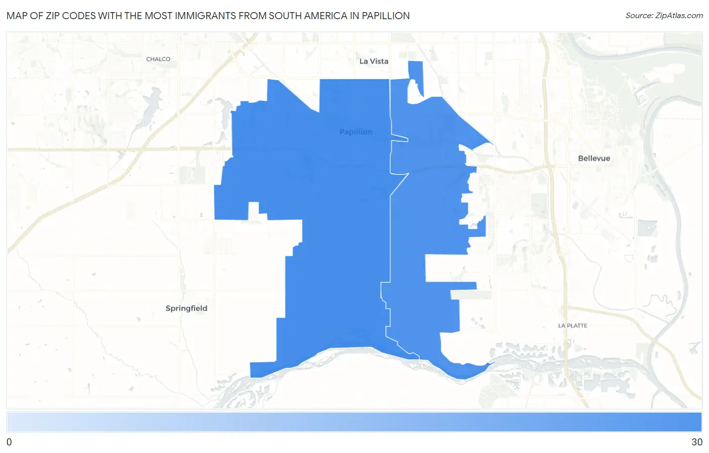 Zip Codes with the Most Immigrants from South America in Papillion Map