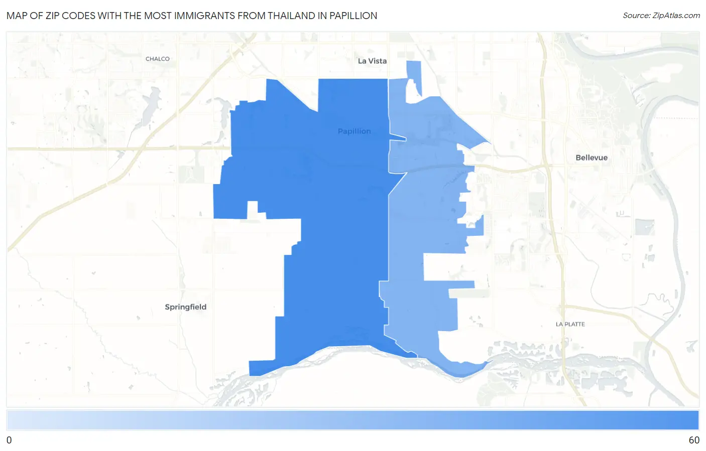 Zip Codes with the Most Immigrants from Thailand in Papillion Map