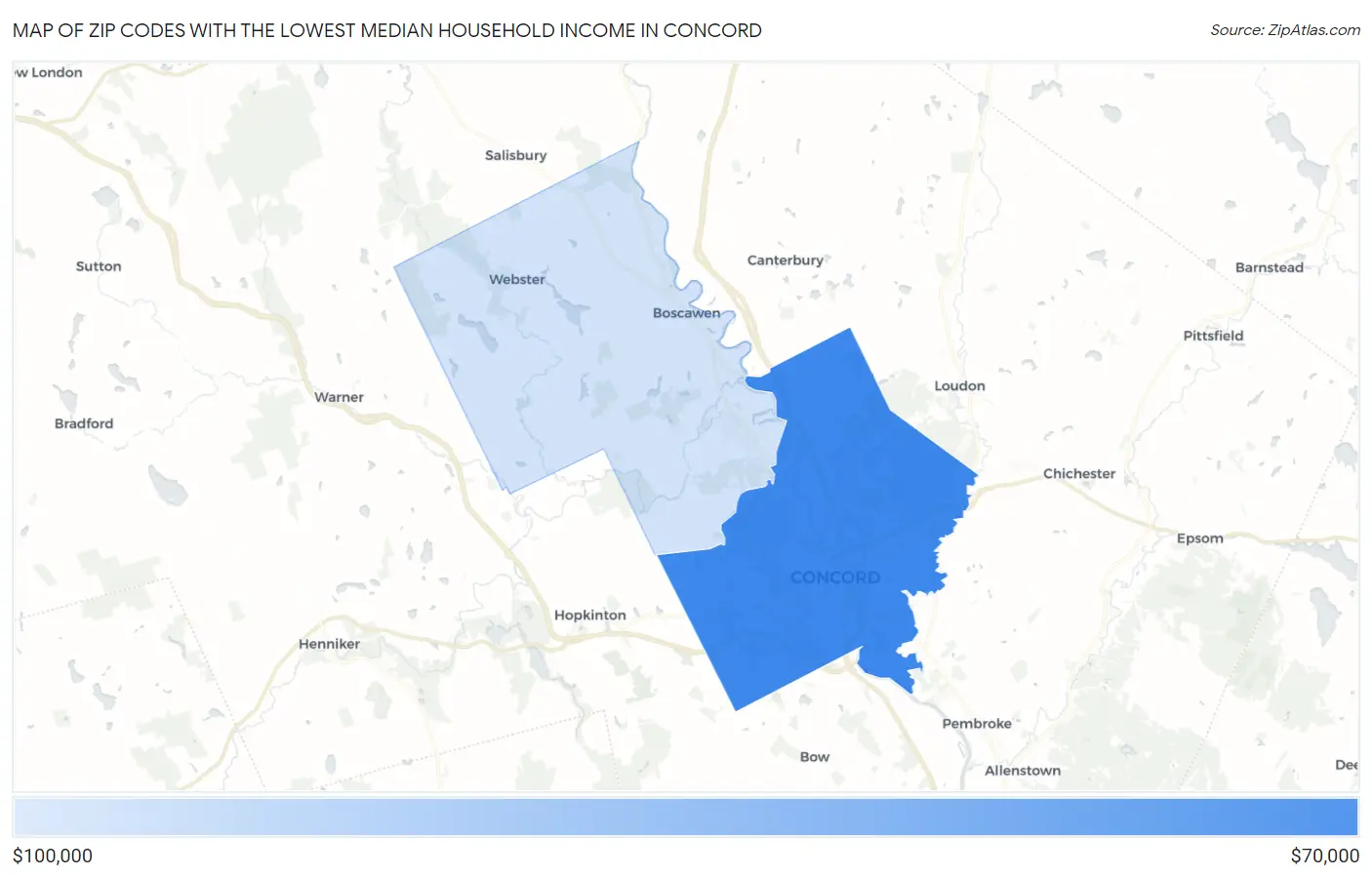 Zip Codes with the Lowest Median Household Income in Concord Map
