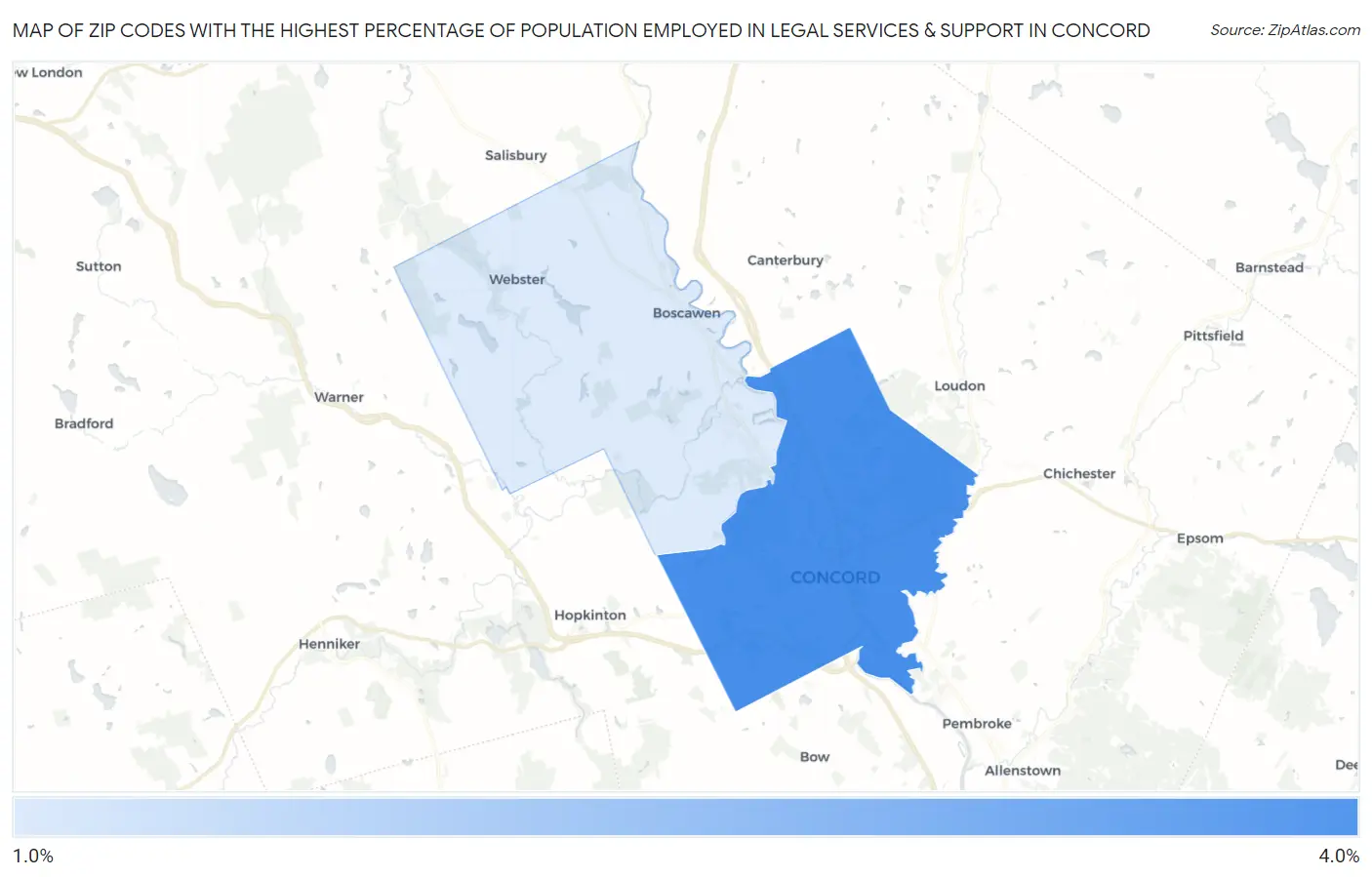 Zip Codes with the Highest Percentage of Population Employed in Legal Services & Support in Concord Map