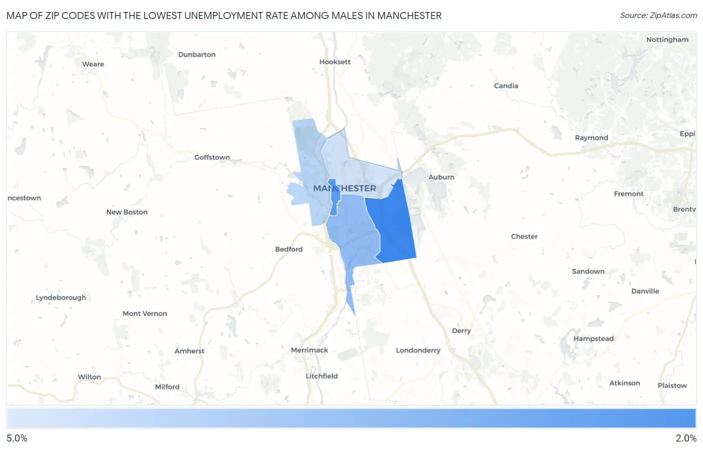 Zip Codes with the Lowest Unemployment Rate Among Males in Manchester Map