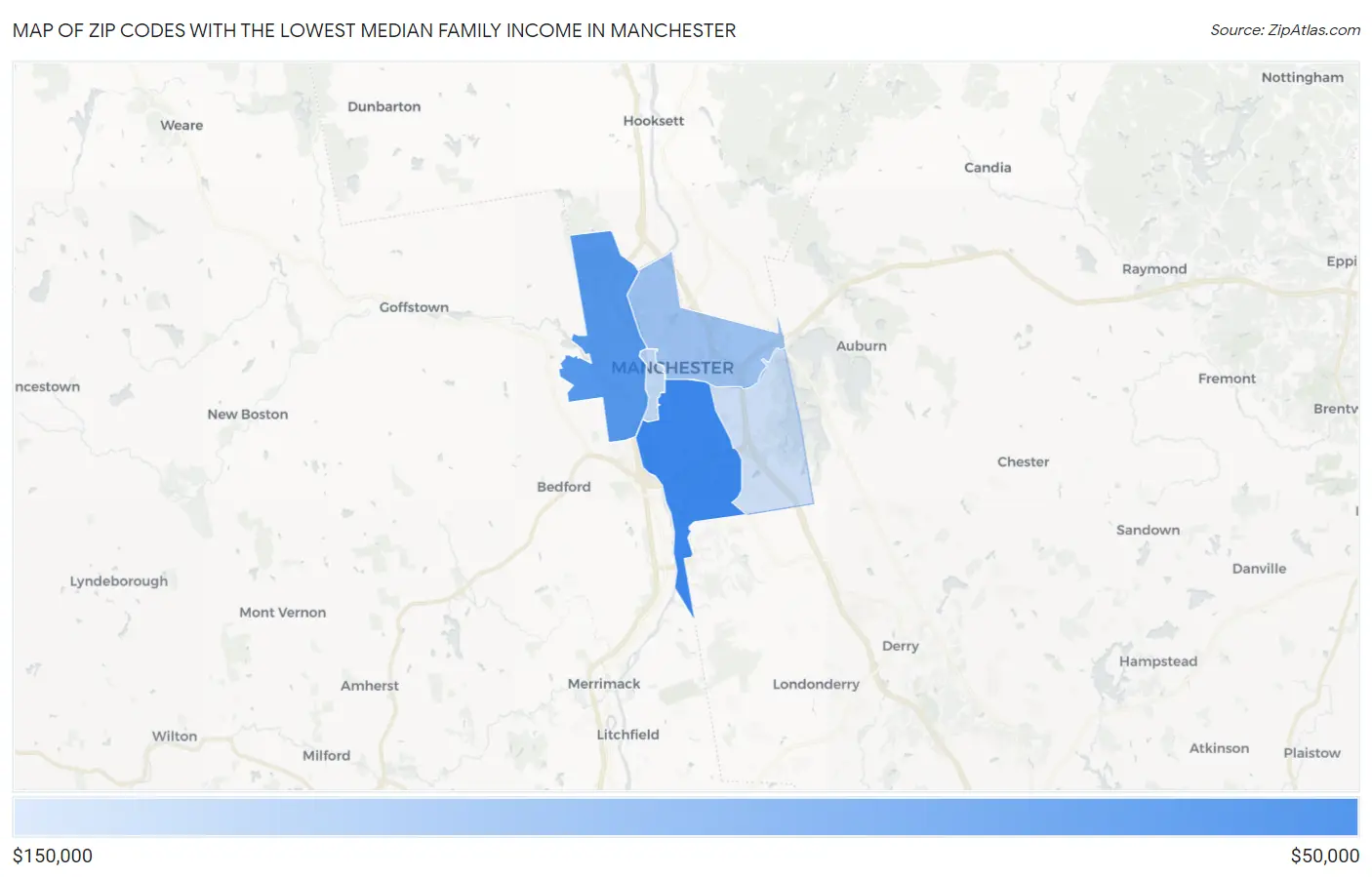 Zip Codes with the Lowest Median Family Income in Manchester Map