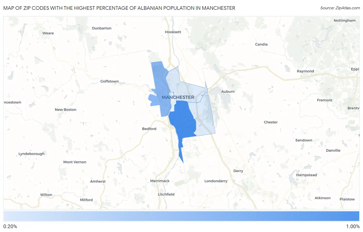 Zip Codes with the Highest Percentage of Albanian Population in Manchester Map