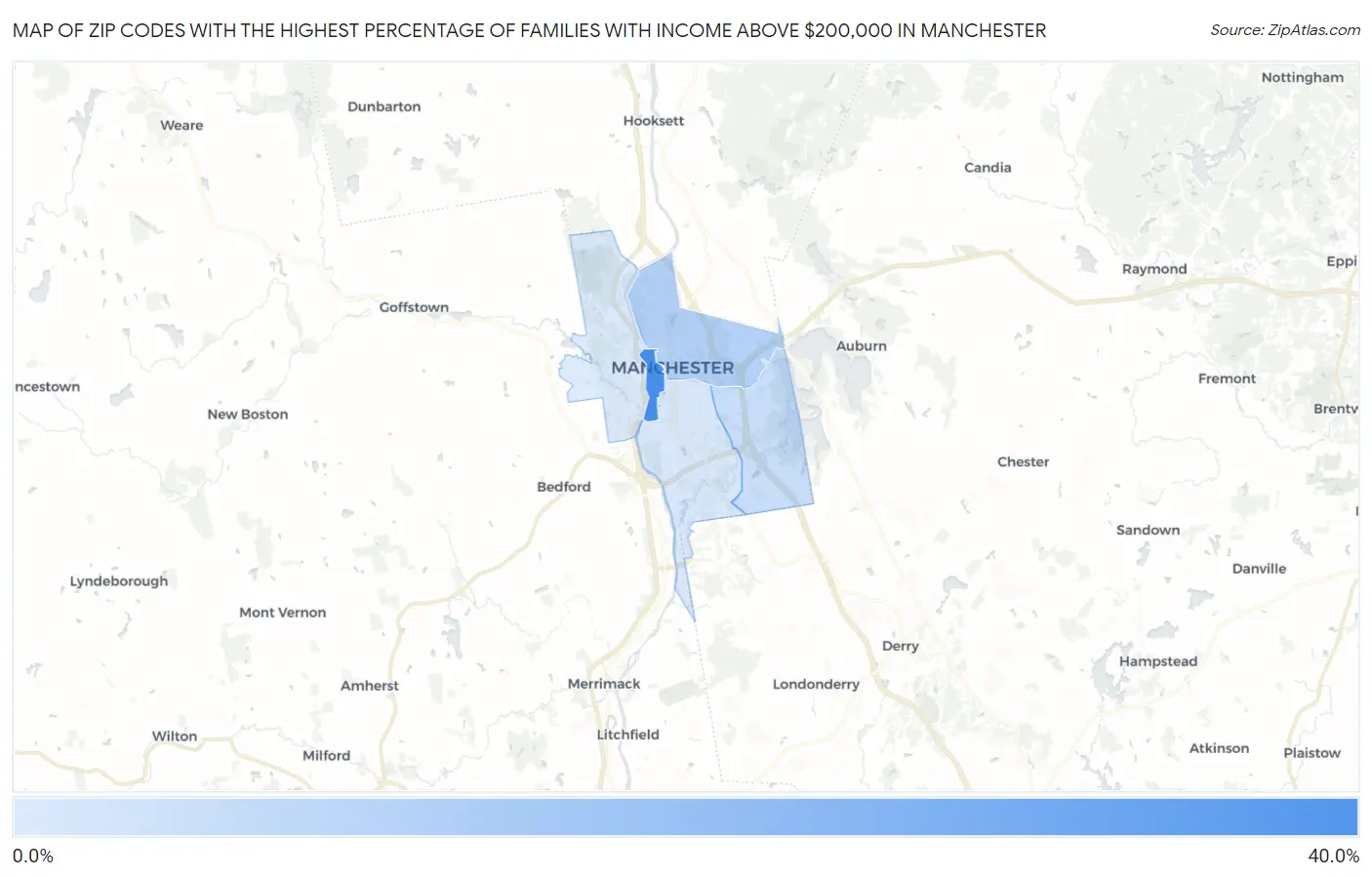 Zip Codes with the Highest Percentage of Families with Income Above $200,000 in Manchester Map