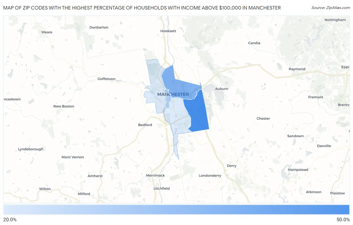 Zip Codes with the Highest Percentage of Households with Income Above $100,000 in Manchester Map