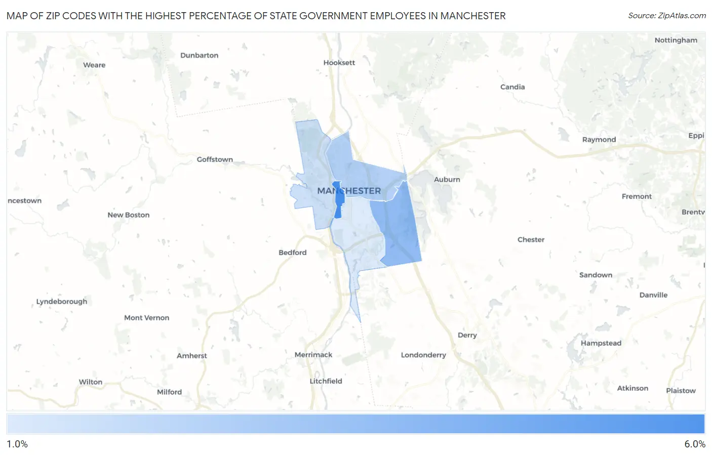 Zip Codes with the Highest Percentage of State Government Employees in Manchester Map