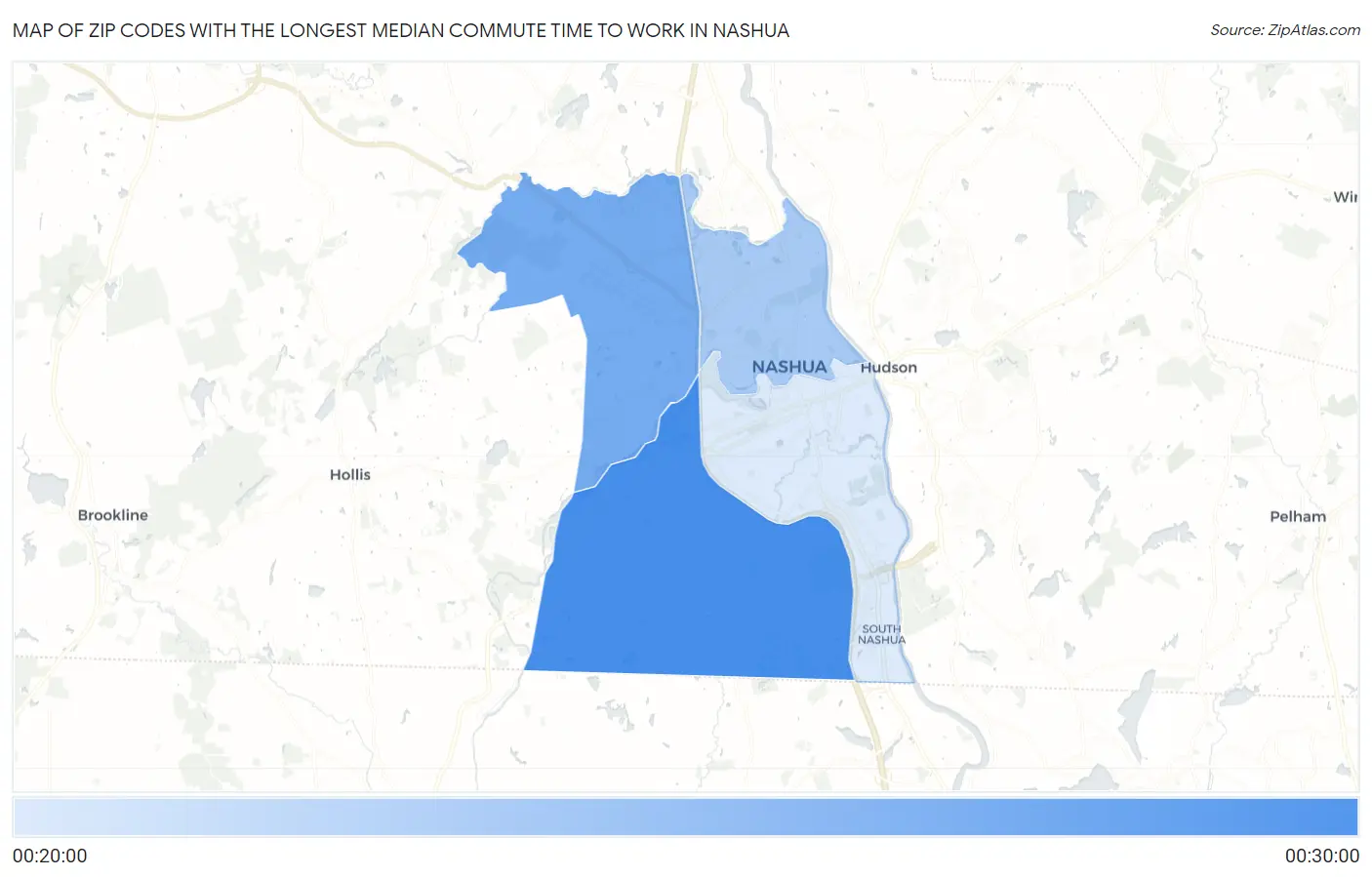 Zip Codes with the Longest Median Commute Time to Work in Nashua Map