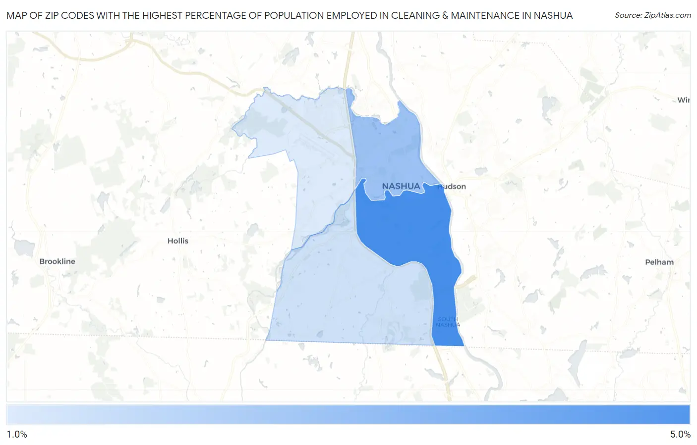 Zip Codes with the Highest Percentage of Population Employed in Cleaning & Maintenance in Nashua Map