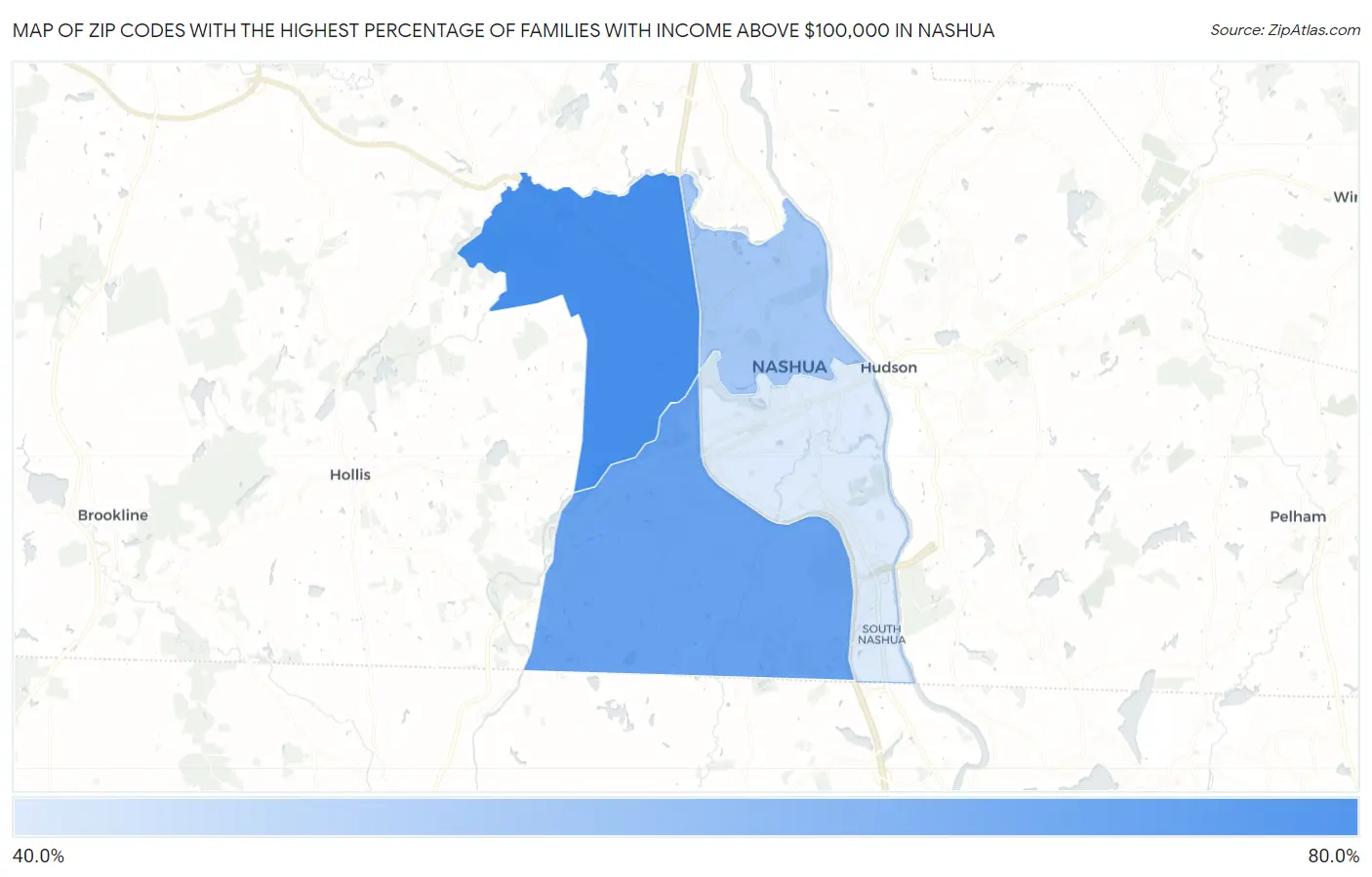 Zip Codes with the Highest Percentage of Families with Income Above $100,000 in Nashua Map
