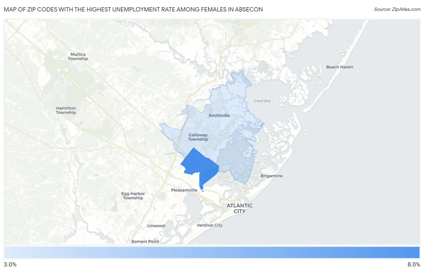 Zip Codes with the Highest Unemployment Rate Among Females in Absecon Map