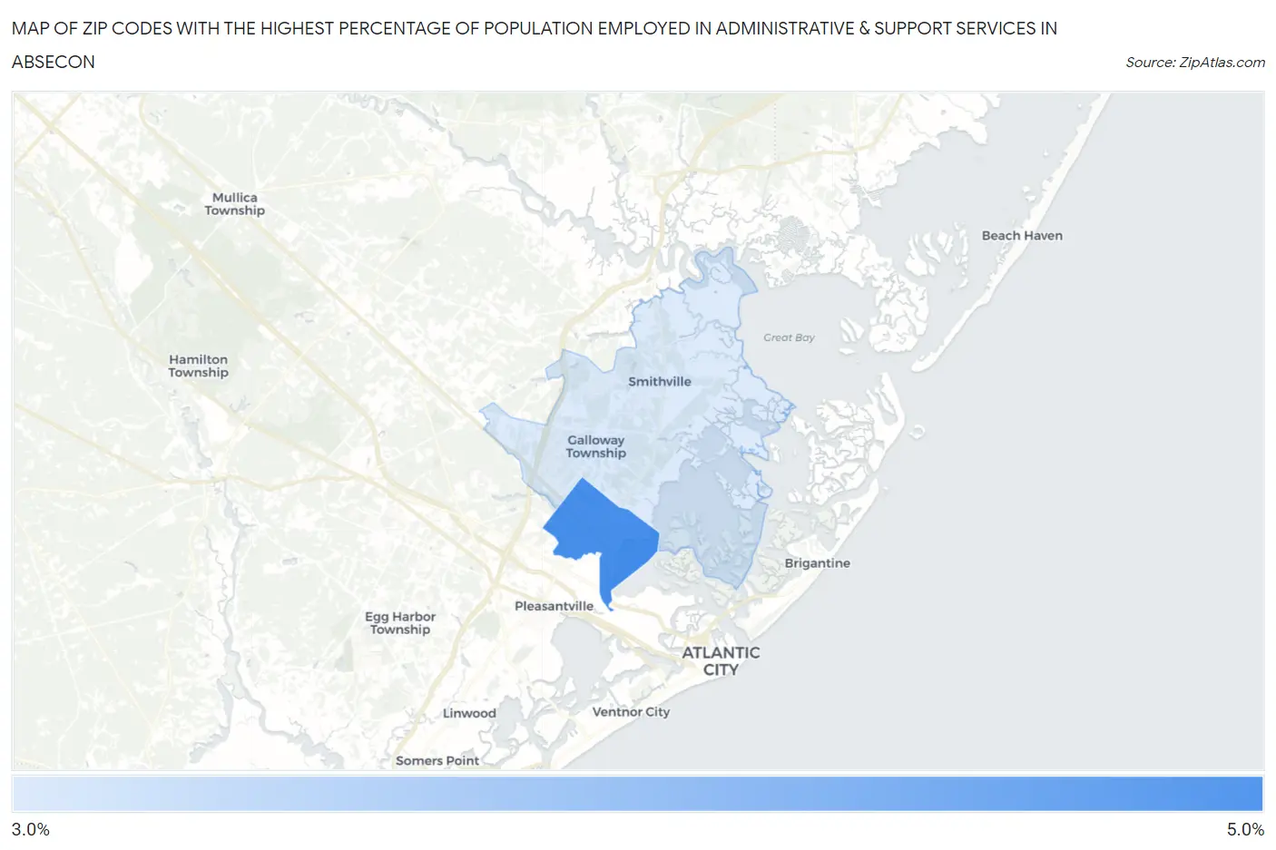 Zip Codes with the Highest Percentage of Population Employed in Administrative & Support Services in Absecon Map