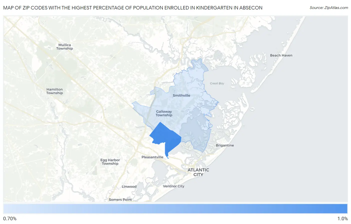 Zip Codes with the Highest Percentage of Population Enrolled in Kindergarten in Absecon Map