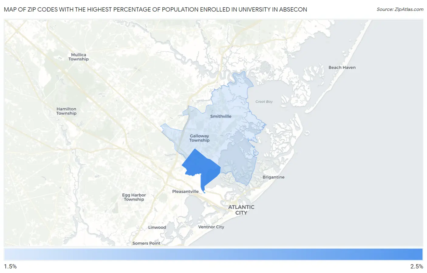 Zip Codes with the Highest Percentage of Population Enrolled in University in Absecon Map