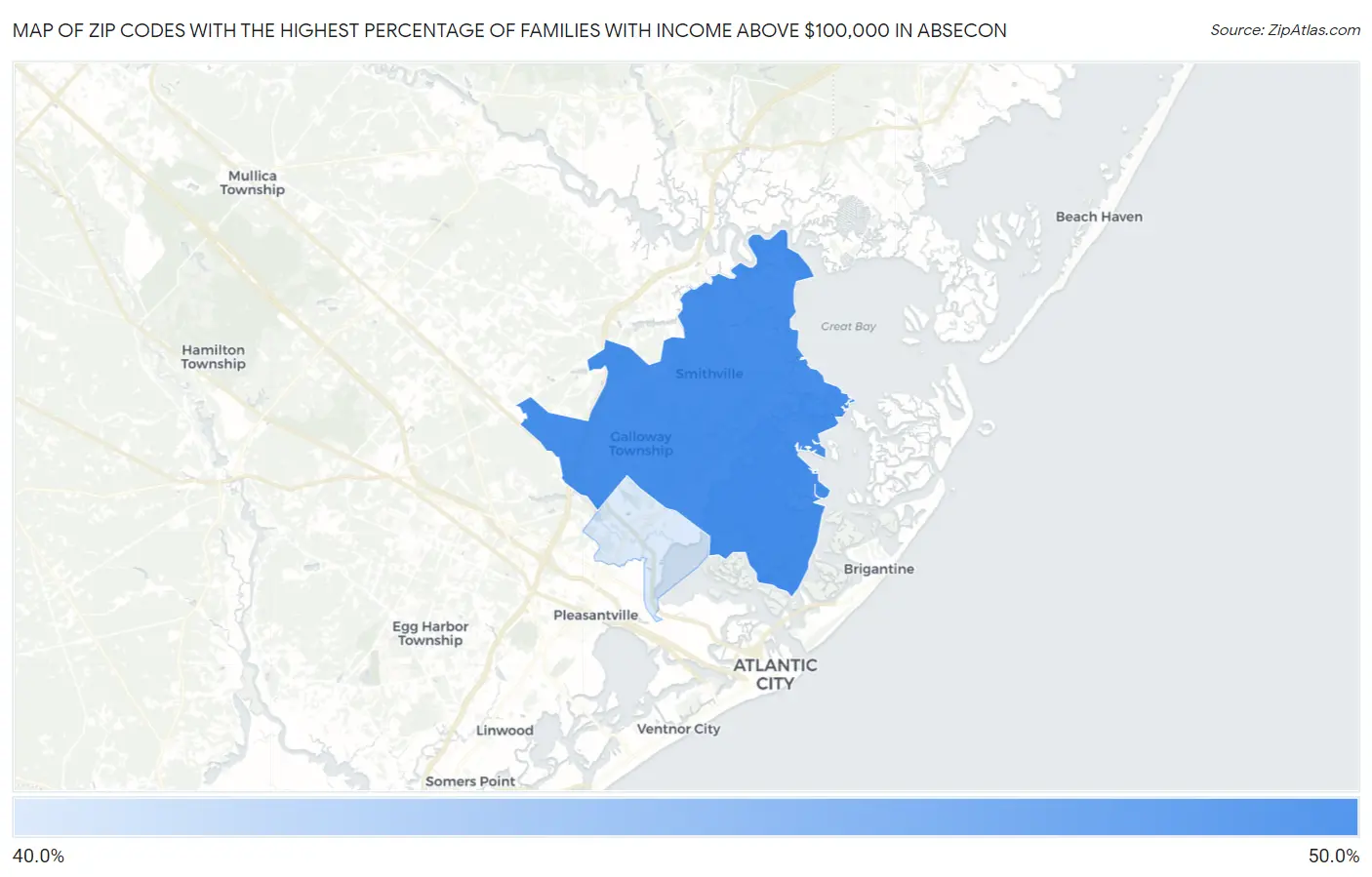 Zip Codes with the Highest Percentage of Families with Income Above $100,000 in Absecon Map