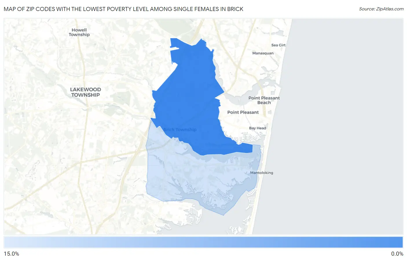 Zip Codes with the Lowest Poverty Level Among Single Females in Brick Map