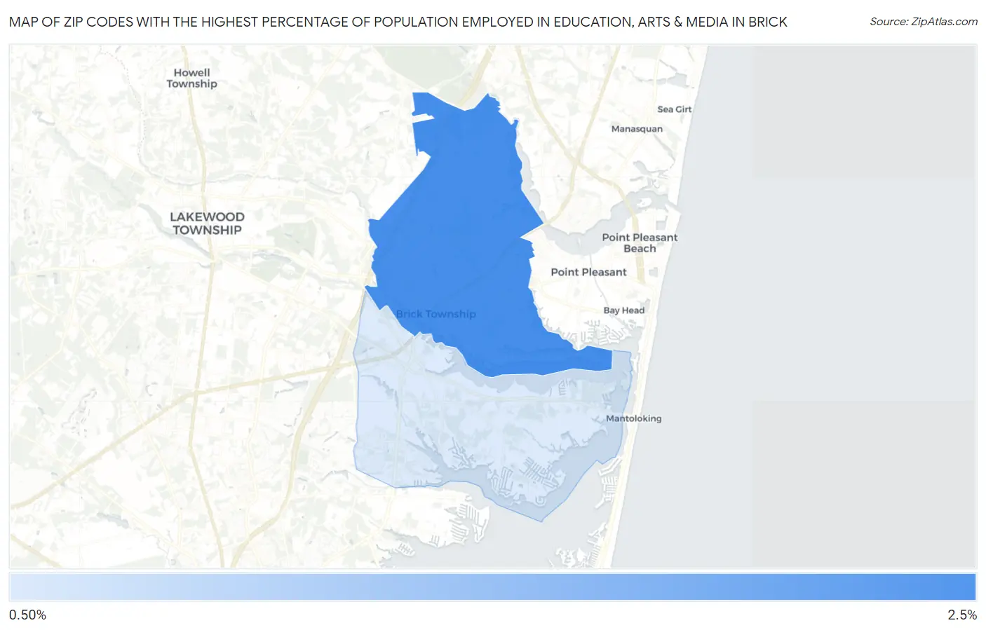 Zip Codes with the Highest Percentage of Population Employed in Education, Arts & Media in Brick Map