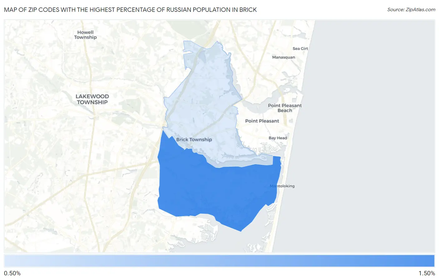 Zip Codes with the Highest Percentage of Russian Population in Brick Map