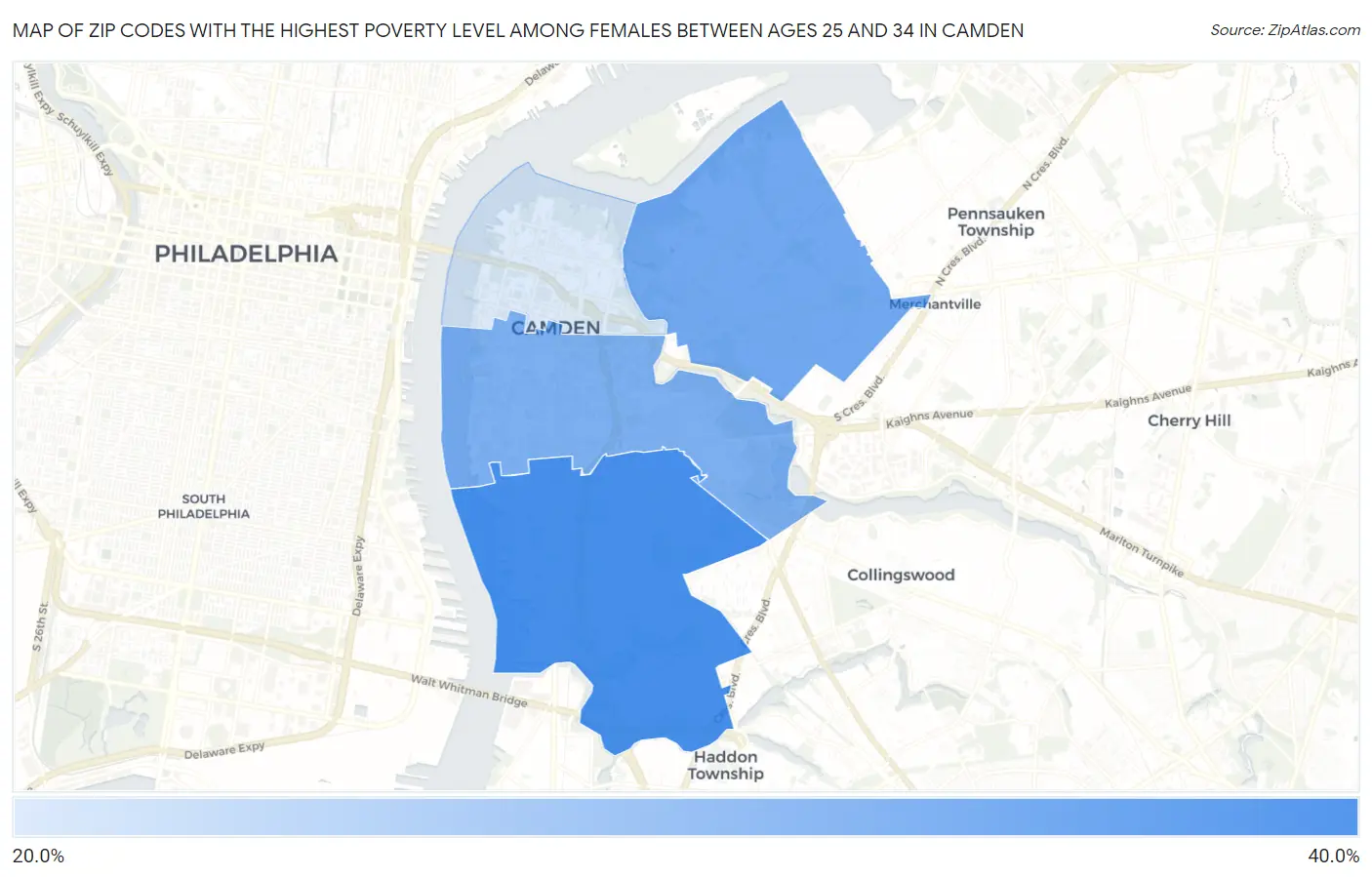 Zip Codes with the Highest Poverty Level Among Females Between Ages 25 and 34 in Camden Map