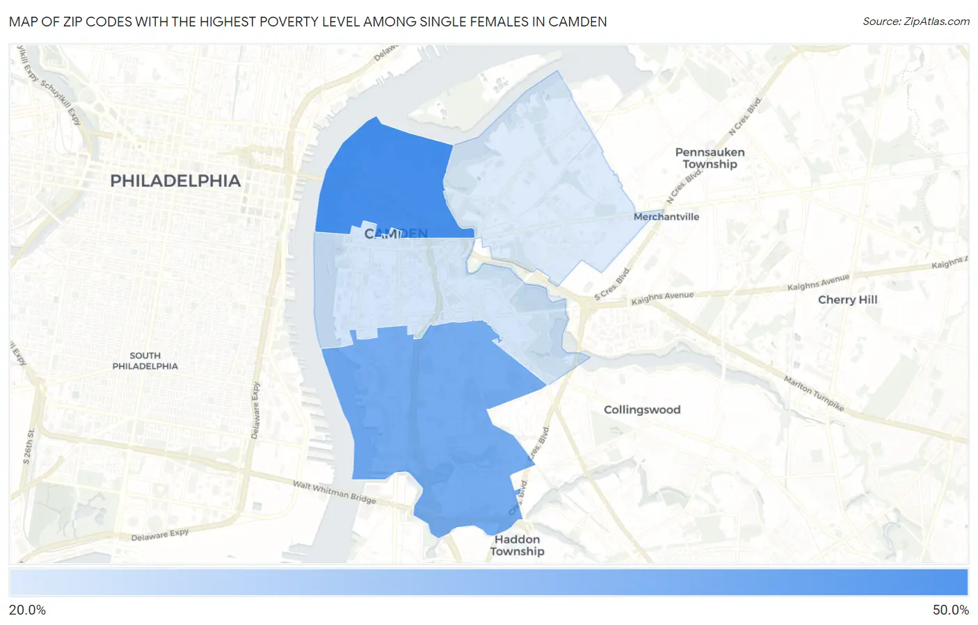Zip Codes with the Highest Poverty Level Among Single Females in Camden Map