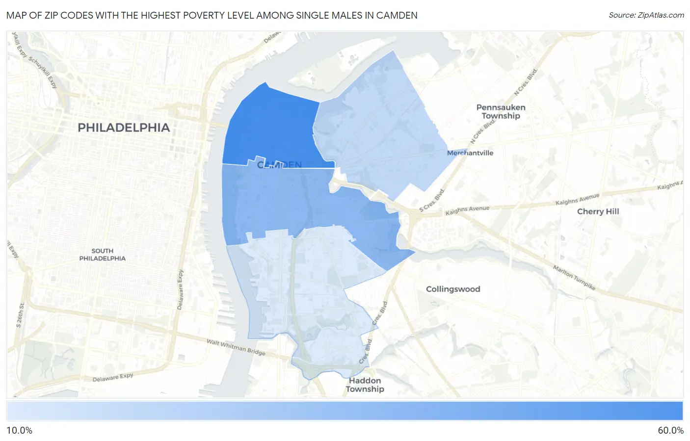 Zip Codes with the Highest Poverty Level Among Single Males in Camden Map