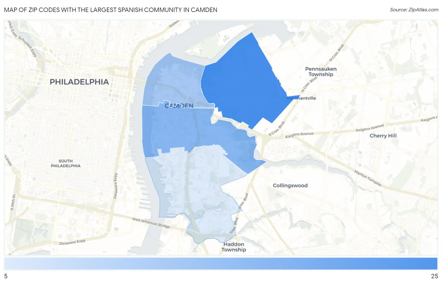 Zip Codes with the Largest Spanish Community in Camden Map