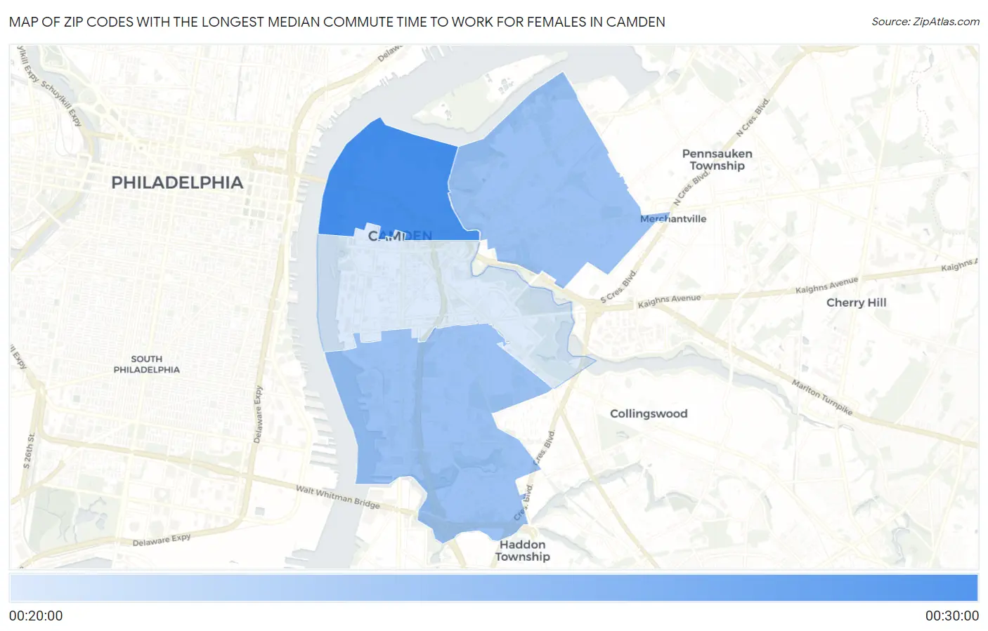 Zip Codes with the Longest Median Commute Time to Work for Females in Camden Map