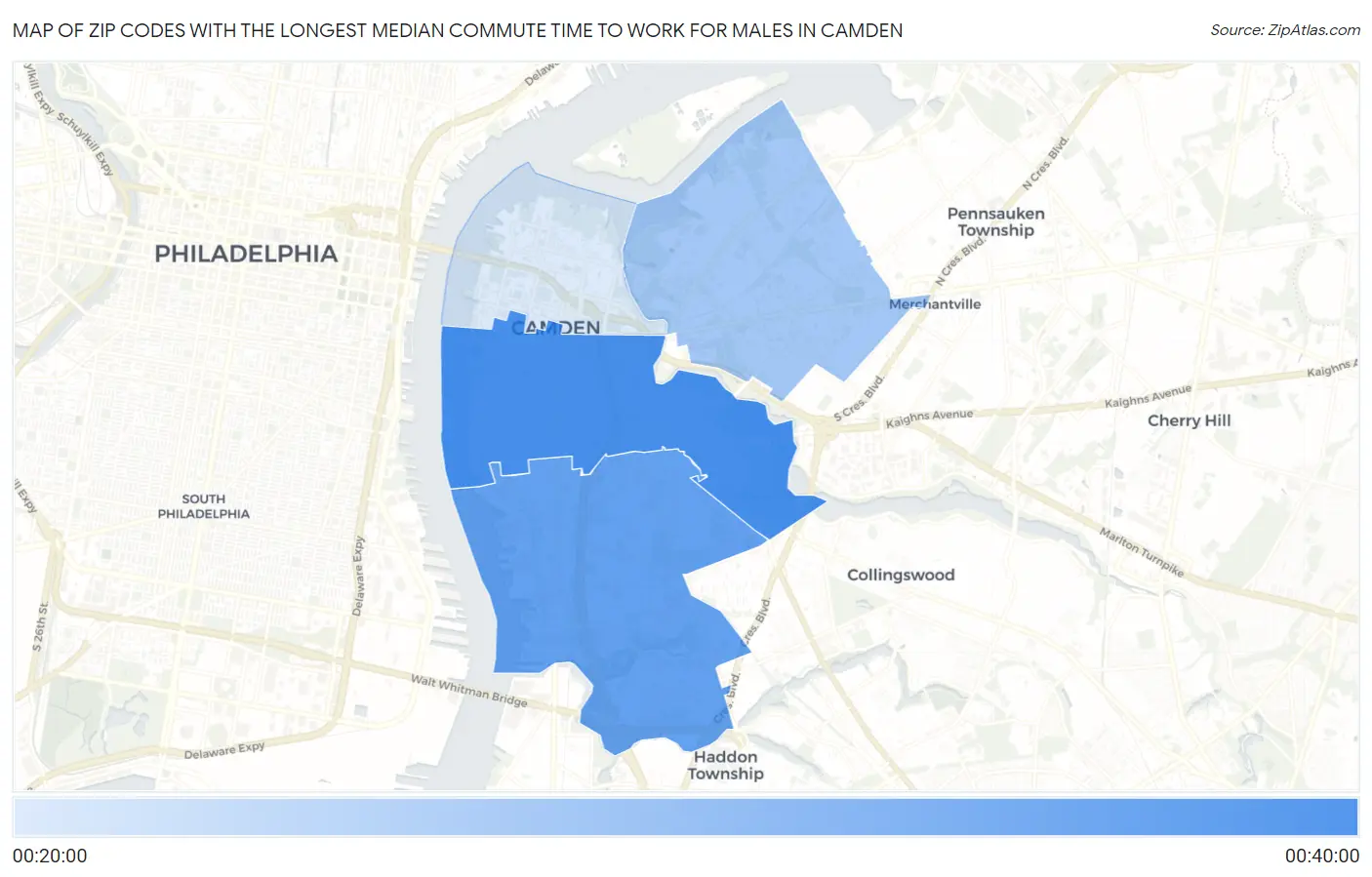 Zip Codes with the Longest Median Commute Time to Work for Males in Camden Map
