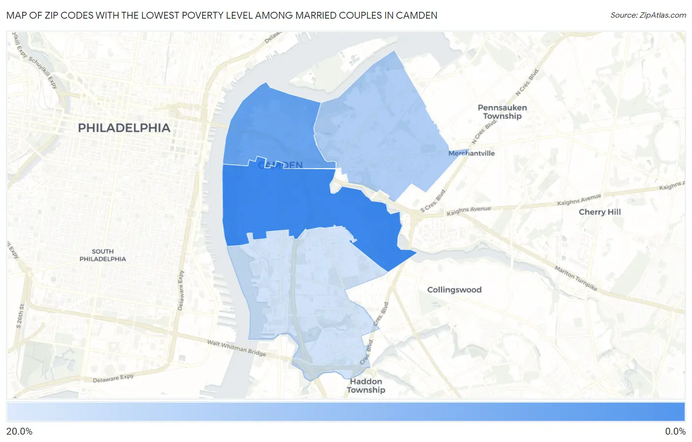 Zip Codes with the Lowest Poverty Level Among Married Couples in Camden Map