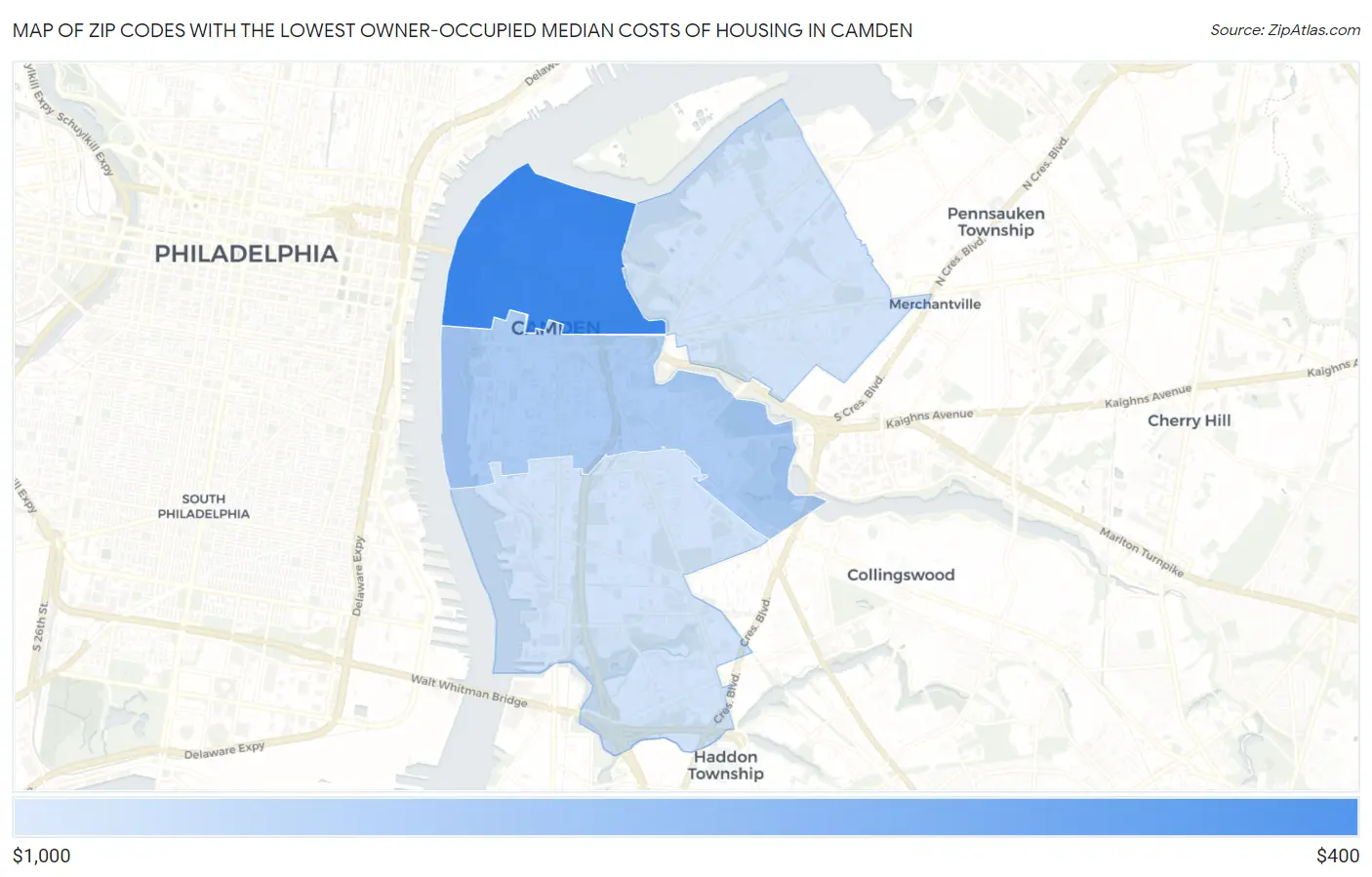 Zip Codes with the Lowest Owner-Occupied Median Costs of Housing in Camden Map