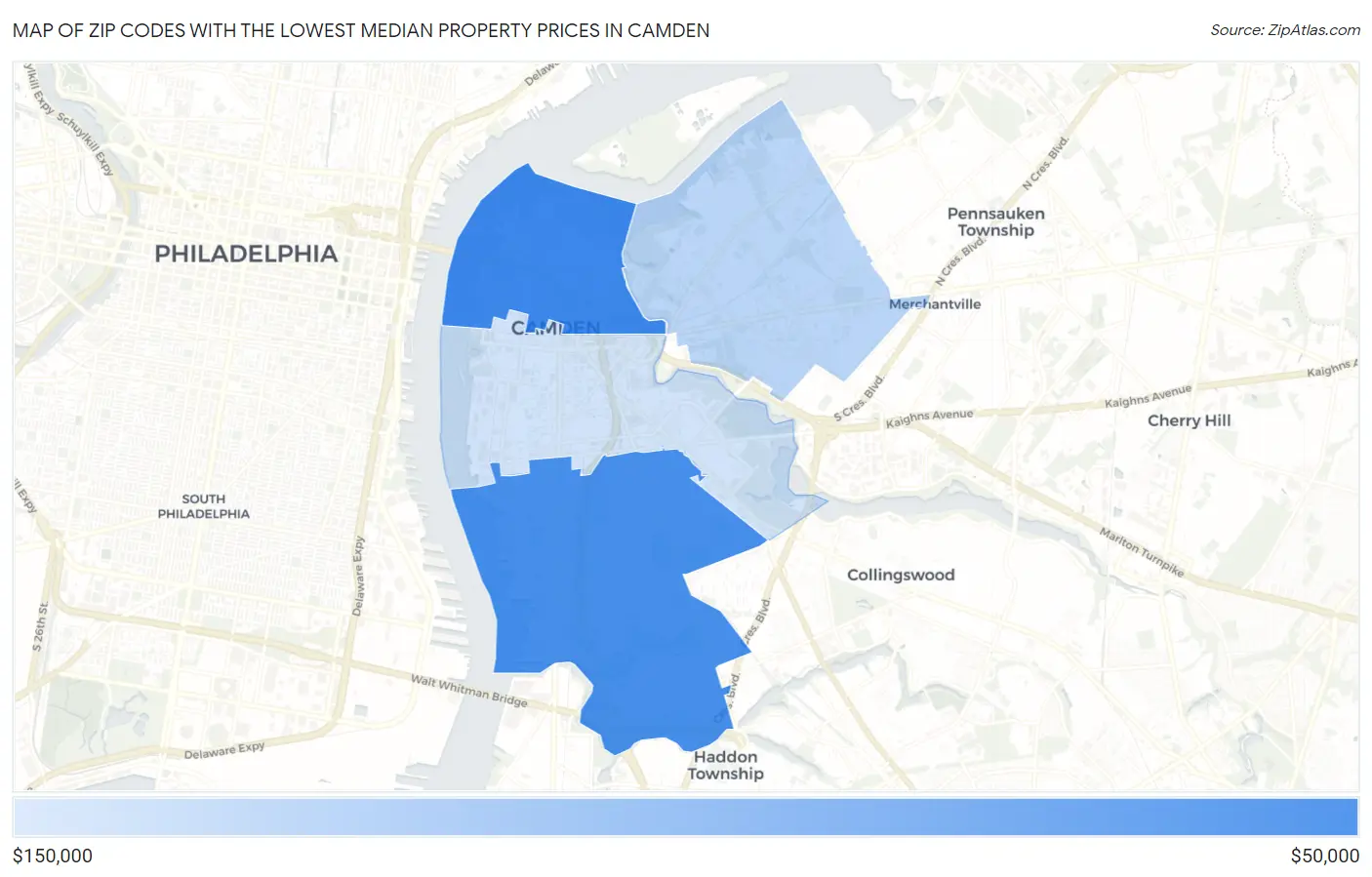 Zip Codes with the Lowest Median Property Prices in Camden Map