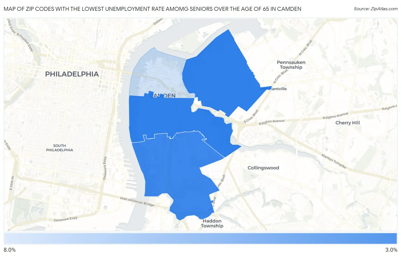 Zip Codes with the Lowest Unemployment Rate Amomg Seniors Over the Age of 65 in Camden Map