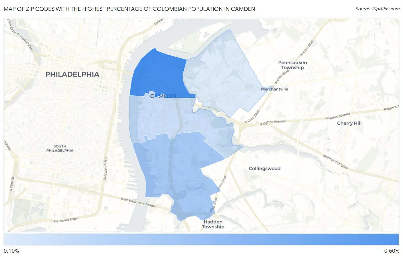 Zip Codes with the Highest Percentage of Colombian Population in Camden Map